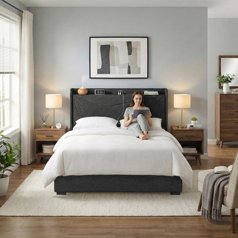 Double Bed Frame Gas Lift Storage Bed with Charging Ports Upholstered Geometric Headboard Charcoal Grey
