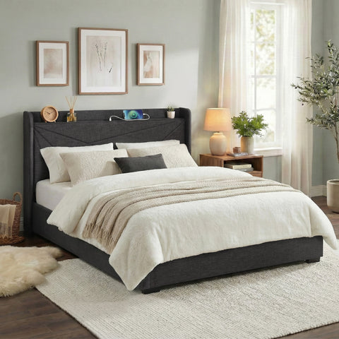 King Bed Frame Gas Lift Storage Bed with Charging Ports Upholstered Geometric Headboard Charcoal Grey