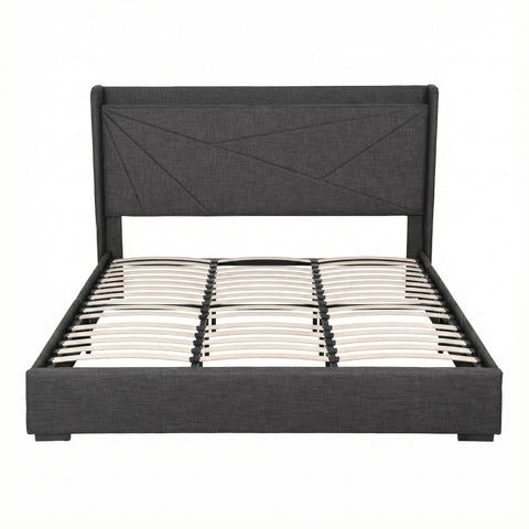 King Bed Frame Gas Lift Storage Bed with Charging Ports Upholstered Geometric Headboard Charcoal Grey