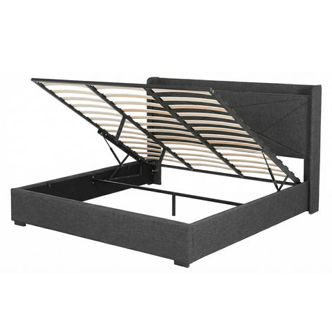 King Bed Frame Gas Lift Storage Bed with Charging Ports Upholstered Geometric Headboard Charcoal Grey