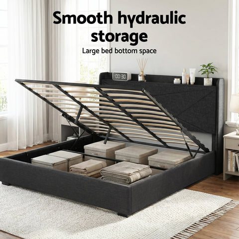 King Bed Frame Gas Lift Storage Bed with Charging Ports Upholstered Geometric Headboard Charcoal Grey