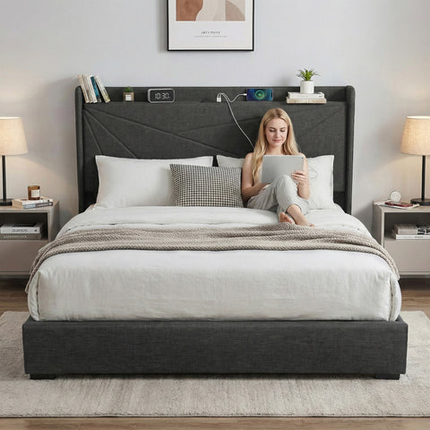 King Bed Frame Gas Lift Storage Bed with Charging Ports Upholstered Geometric Headboard Charcoal Grey