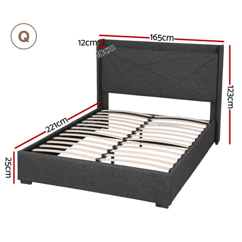 Queen Bed Frame Gas Lift Storage Bed with Charging Ports Upholstered Geometric Headboard Charcoal Grey