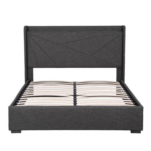 Queen Bed Frame Gas Lift Storage Bed with Charging Ports Upholstered Geometric Headboard Charcoal Grey