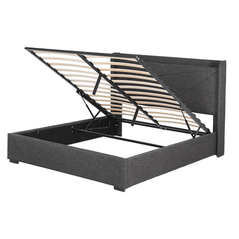 Queen Bed Frame Gas Lift Storage Bed with Charging Ports Upholstered Geometric Headboard Charcoal Grey