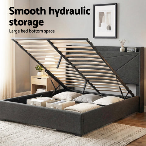 Queen Bed Frame Gas Lift Storage Bed with Charging Ports Upholstered Geometric Headboard Charcoal Grey
