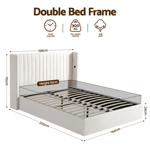 Double Bed Frame with Gaslift Storage USB Type-C Charging Ports Velvet Upholstery White