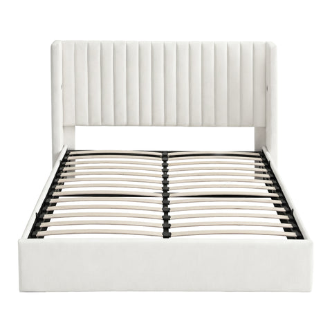 Double Bed Frame with Gaslift Storage USB Type-C Charging Ports Velvet Upholstery White