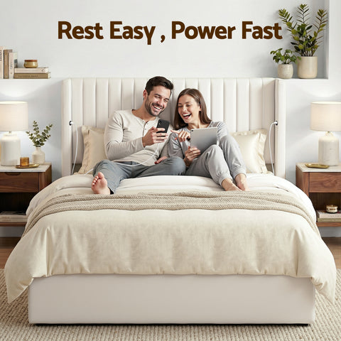 Double Bed Frame with Gaslift Storage USB Type-C Charging Ports Velvet Upholstery White