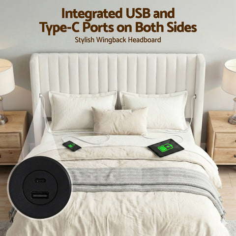 Double Bed Frame with Gaslift Storage USB Type-C Charging Ports Velvet Upholstery White