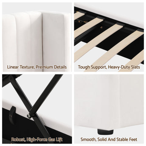 Double Bed Frame with Gaslift Storage USB Type-C Charging Ports Velvet Upholstery White