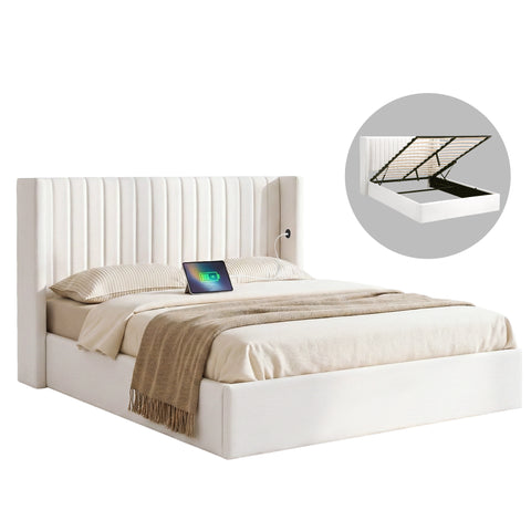 Double Bed Frame with Gaslift Storage USB Type-C Charging Ports Velvet Upholstery White