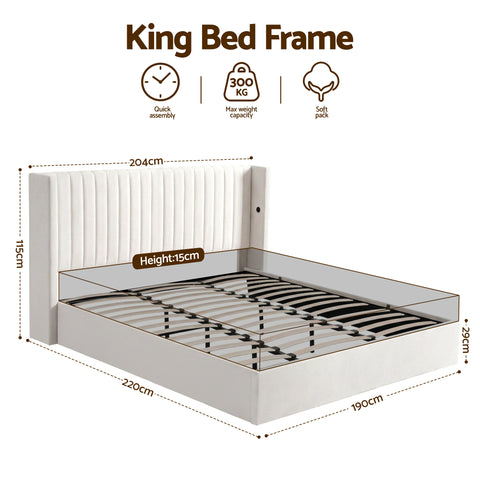 King Bed Frame with Gaslift Storage USB Type-C Charging Ports Velvet Upholstery White