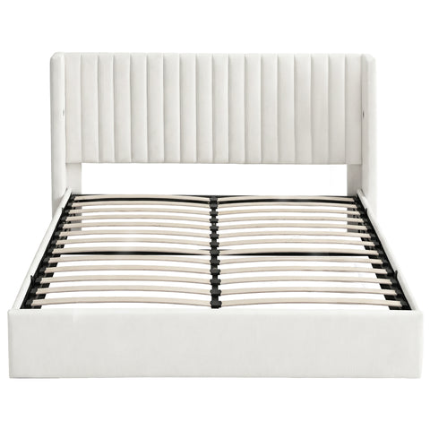 King Bed Frame with Gaslift Storage USB Type-C Charging Ports Velvet Upholstery White