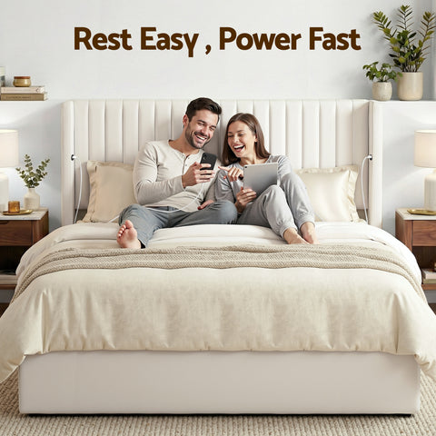 King Bed Frame with Gaslift Storage USB Type-C Charging Ports Velvet Upholstery White