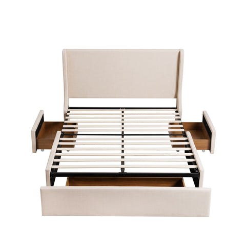 Double Upholstered Bed Frame with 3 Storage Drawers Wingback Headboard Heavy Duty Metal Platform Base