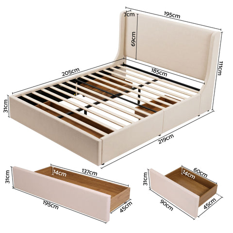 King Upholstered Bed Frame with 3 Storage Drawers Wingback Headboard Heavy Duty Metal Platform Base
