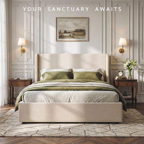 King Upholstered Bed Frame with 3 Storage Drawers Wingback Headboard Heavy Duty Metal Platform Base