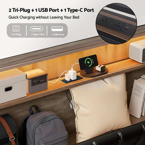 Double Bed Frame LED Storage Headboard with Charging Station Black