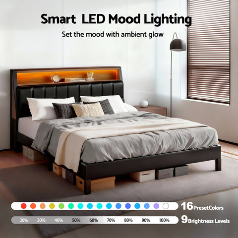 Double Bed Frame LED Storage Headboard with Charging Station Black