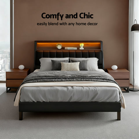 Queen Bed Frame LED Storage Headboard with Charging Station Black