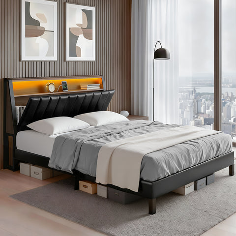 Queen Bed Frame LED Storage Headboard with Charging Station Black