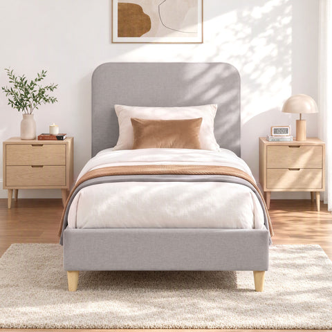 King Single Bed Frame with Headboard, Faux Linen Fabric Grey