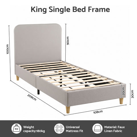 King Single Bed Frame with Headboard, Faux Linen Fabric Grey