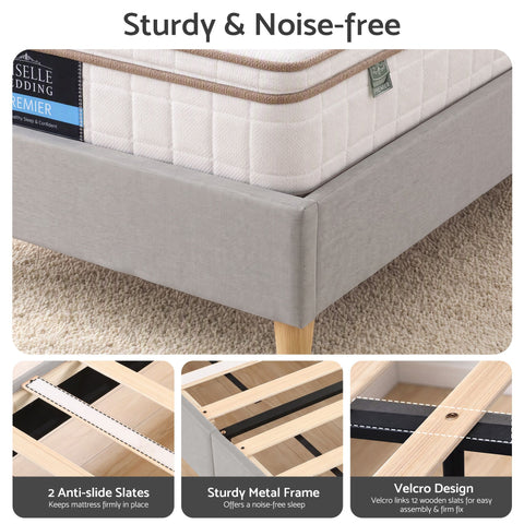 King Single Bed Frame with Headboard, Faux Linen Fabric Grey