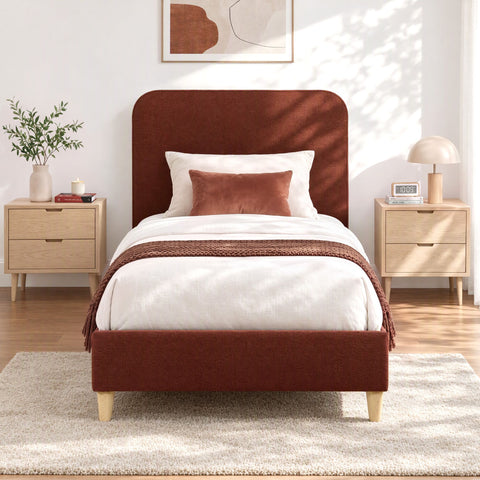 King Single Bed Frame with Headboard, Faux Linen Fabric Brown