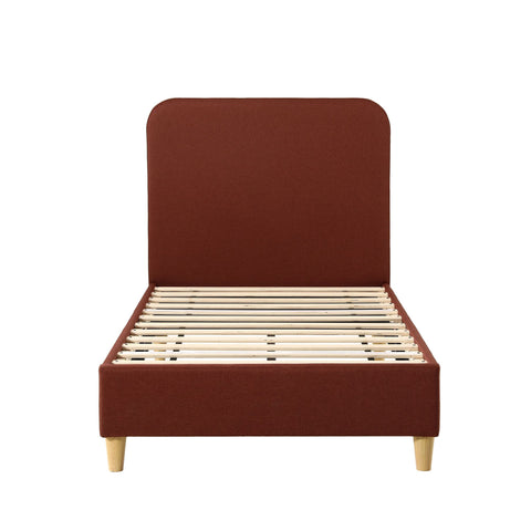 King Single Bed Frame with Headboard, Faux Linen Fabric Brown