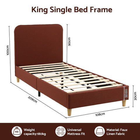 King Single Bed Frame with Headboard, Faux Linen Fabric Brown