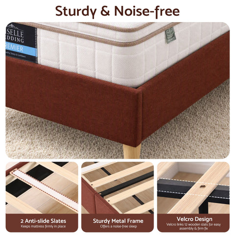 King Single Bed Frame with Headboard, Faux Linen Fabric Brown