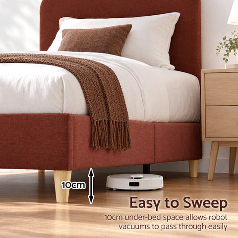King Single Bed Frame with Headboard, Faux Linen Fabric Brown