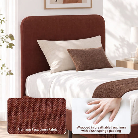 King Single Bed Frame with Headboard, Faux Linen Fabric Brown