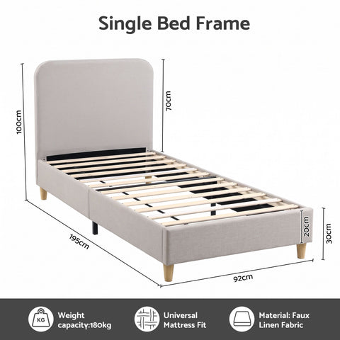 Single Bed Frame with Headboard, Faux Linen Fabric Grey