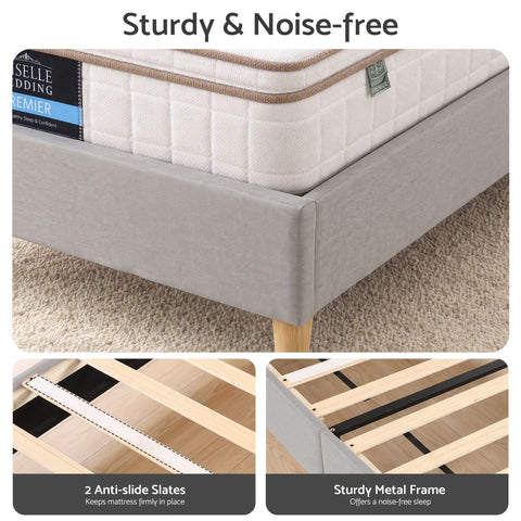 Single Bed Frame with Headboard, Faux Linen Fabric Grey
