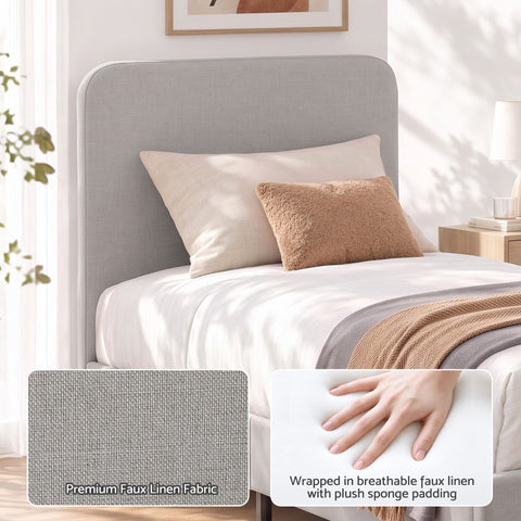 Single Bed Frame with Headboard, Faux Linen Fabric Grey