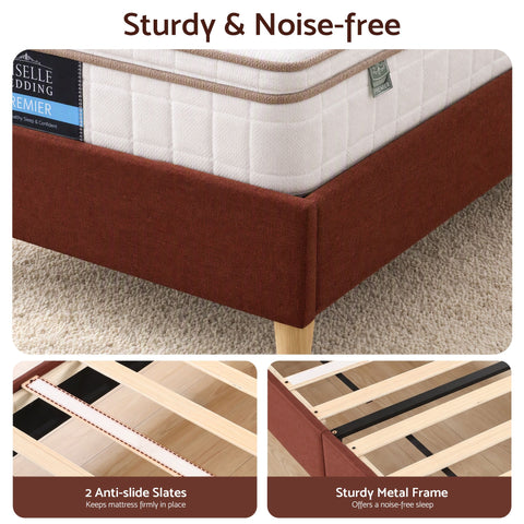 Single Bed Frame with Headboard, Faux Linen Fabric Brown