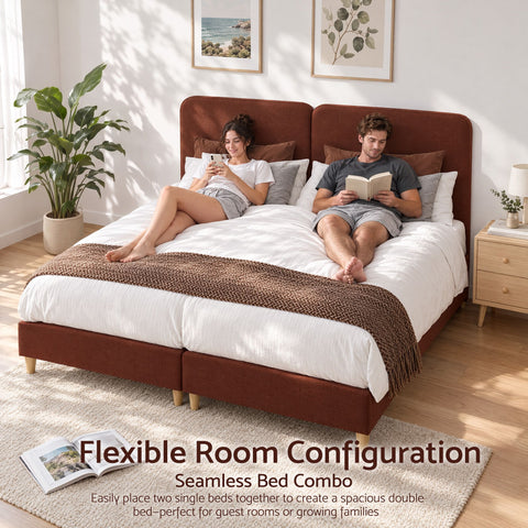 Single Bed Frame with Headboard, Faux Linen Fabric Brown