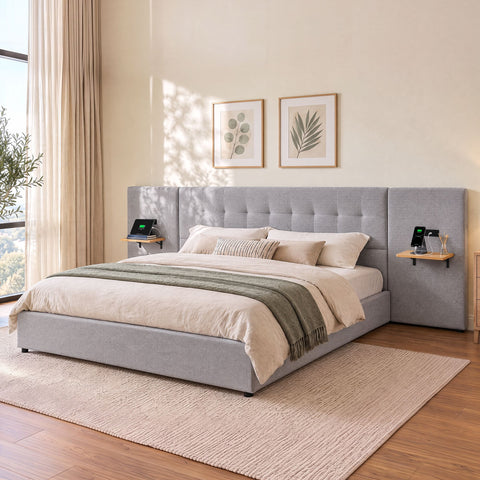 King Bed Frame with Wide Headboard, Floating Shelves and USB Grey