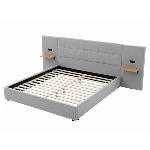 King Bed Frame with Wide Headboard, Floating Shelves and USB Grey
