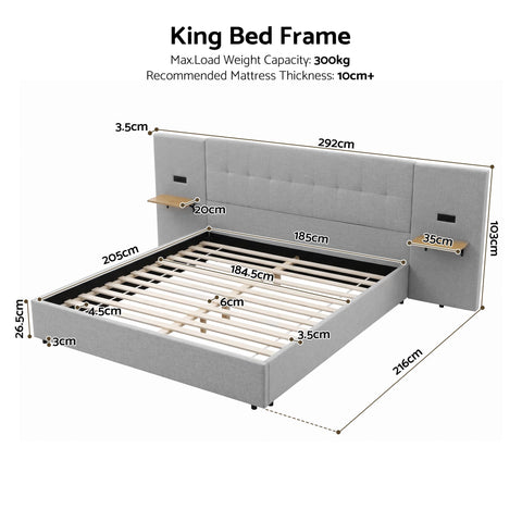 King Bed Frame with Wide Headboard, Floating Shelves and USB Grey