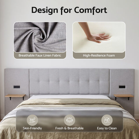 King Bed Frame with Wide Headboard, Floating Shelves and USB Grey