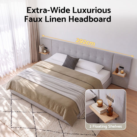 King Bed Frame with Wide Headboard, Floating Shelves and USB Grey