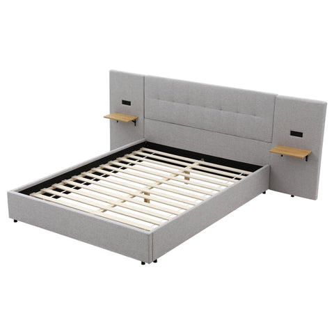 Queen Bed Frame with Wide Headboard, Floating Shelves and USB Grey