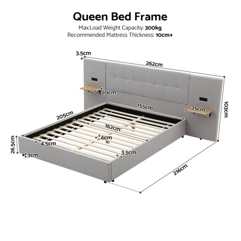Queen Bed Frame with Wide Headboard, Floating Shelves and USB Grey