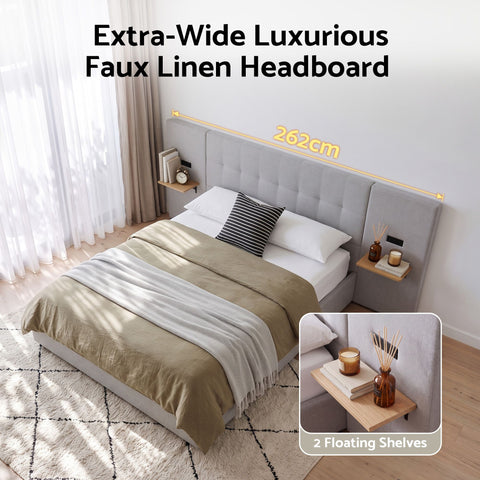 Queen Bed Frame with Wide Headboard, Floating Shelves and USB Grey