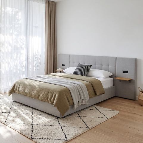 Queen Bed Frame with Wide Headboard, Floating Shelves and USB Grey