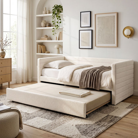 King Single Daybed with Trundle, Boucle Upholstered Bed Frame Guest Bed